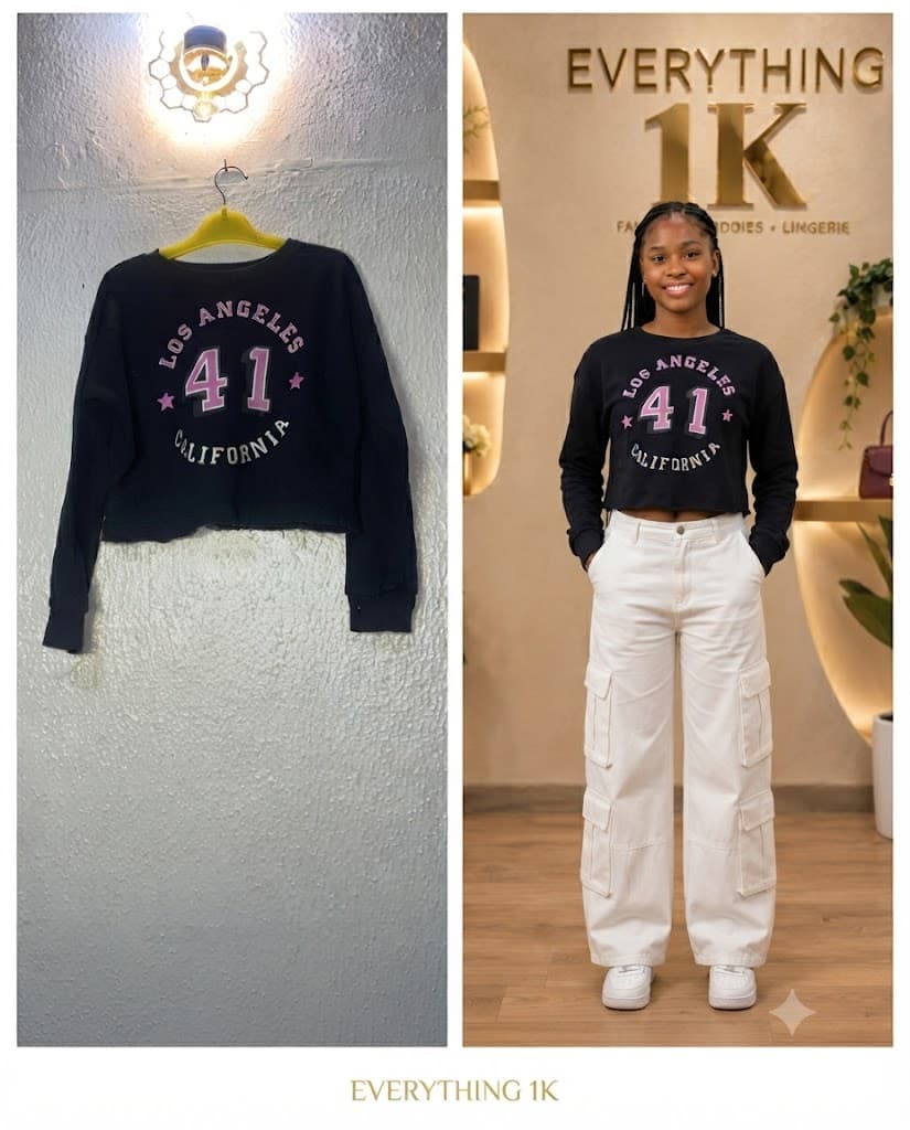 Girls Black "Los Angeles 41" Crop Sweatshirt: Graphic Lettering Pullover Top 13-15 Years