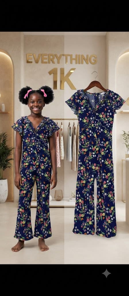 Girls Navy Blue Floral Print Ruffle Jumpsuit (Ages: 6–8 Years)
