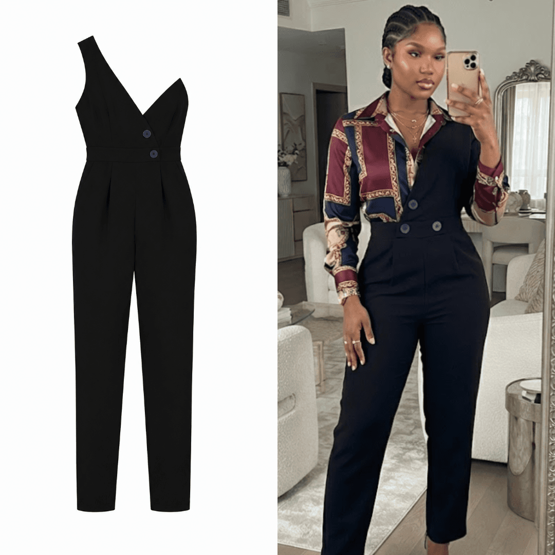 Black Asymmetric One-Shoulder Button Jumpsuit