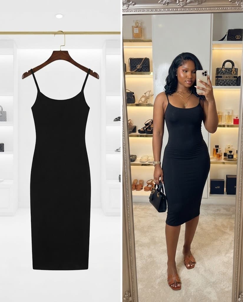 Black Spaghetti Strap casual Midi Dress