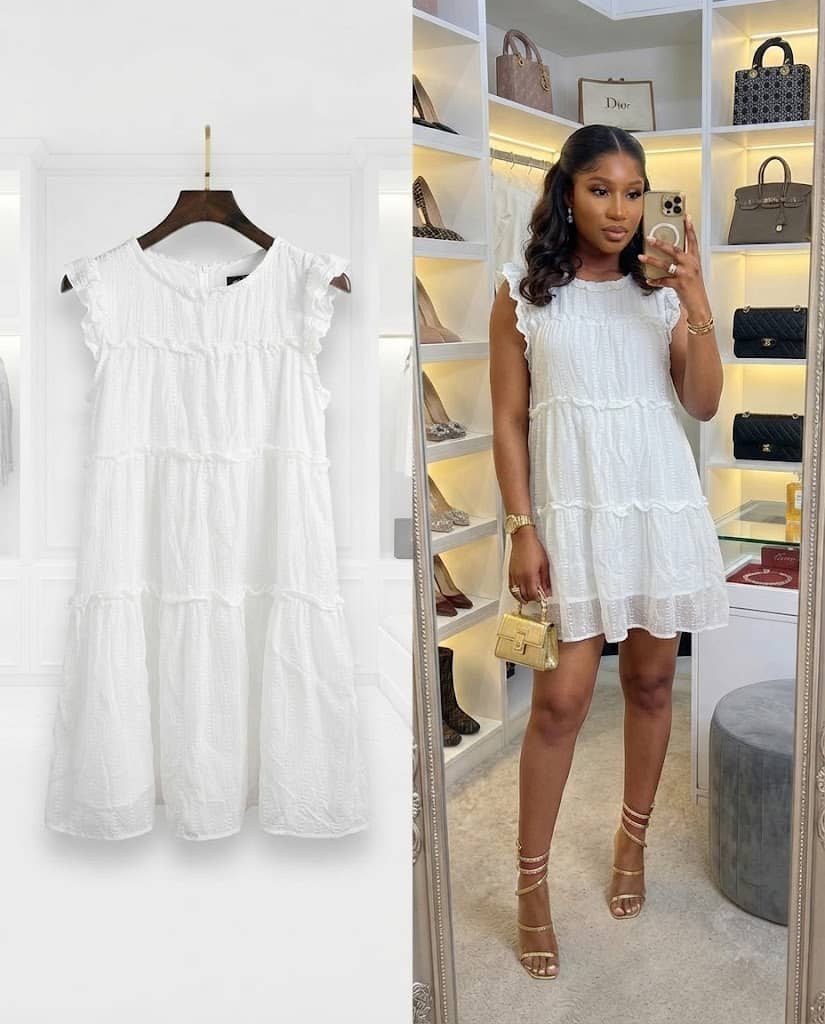 White Textured Tiered Ruffle Mini Dress