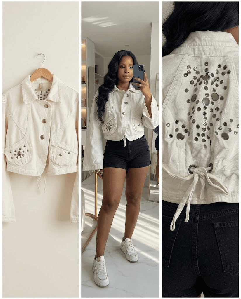 Off-White Studded Crop Jacket with Back Tie (Regular Fit, Size Small 6/8)