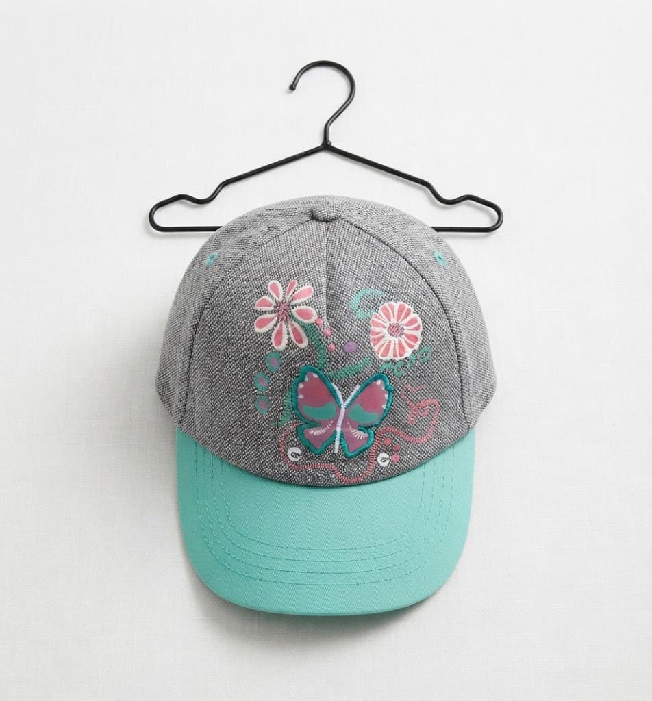 Grey and Mint Butterfly Embroidered Baseball Cap