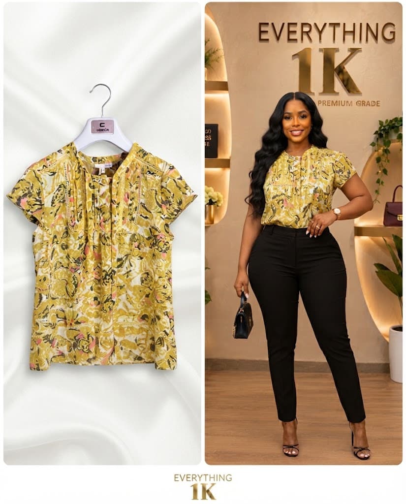 Casual Yellow and Olive Floral Print Short-Sleeve Blouse