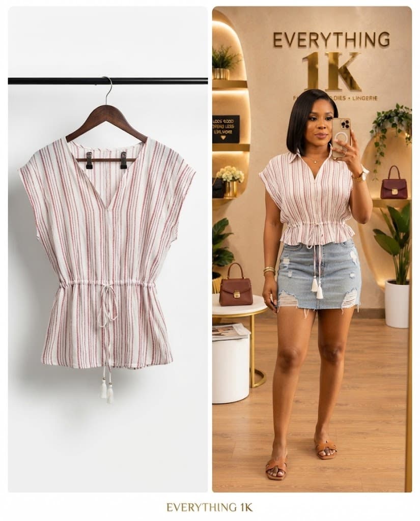 Pre-loved Drawstring Waist Striped Blouse