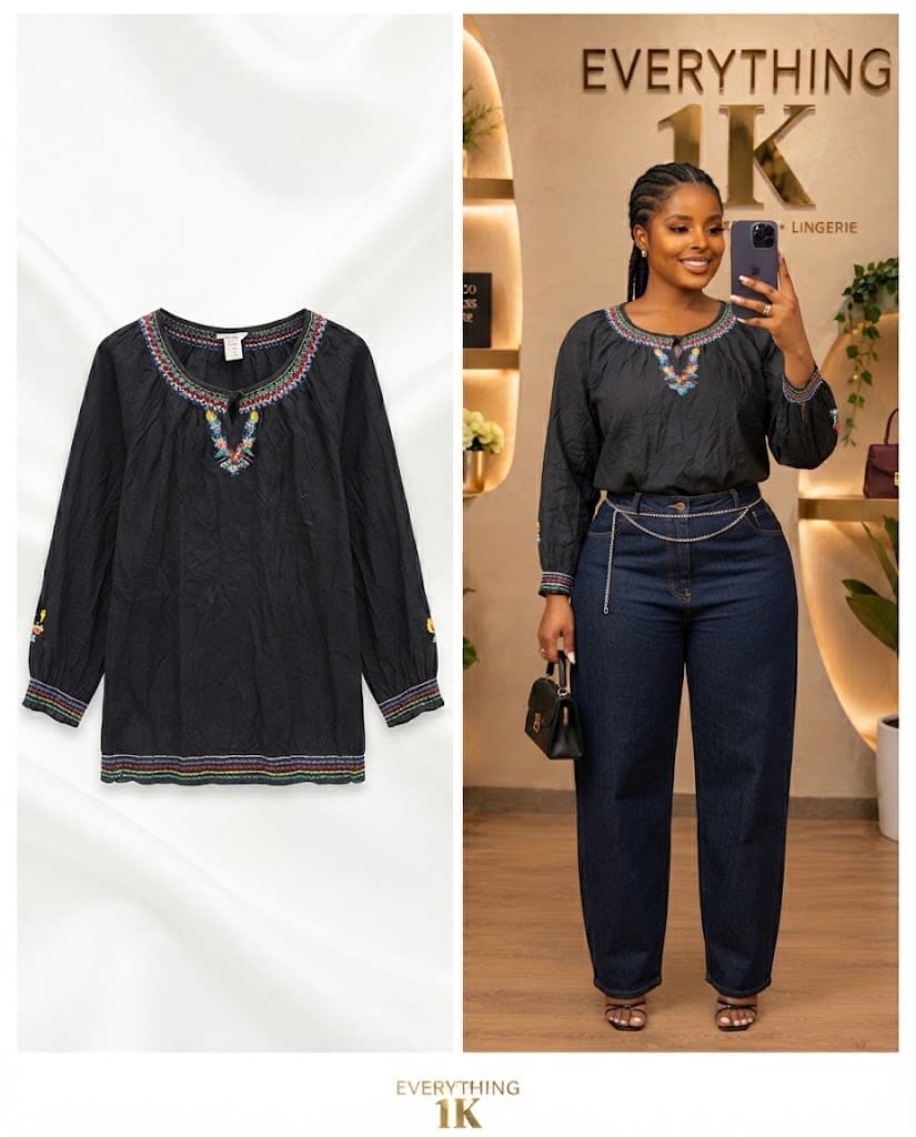 Casual Black Embroidered Long-Sleeve Blouse