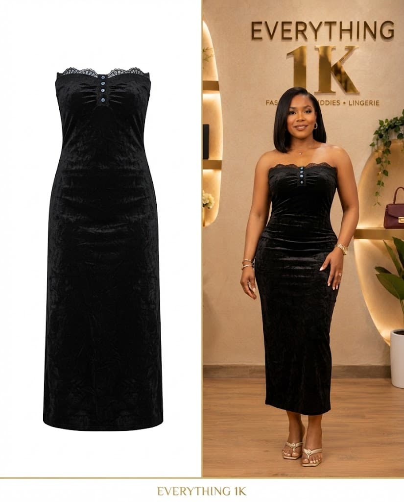 Black Crushed Velvet Strapless Button Midi Dress