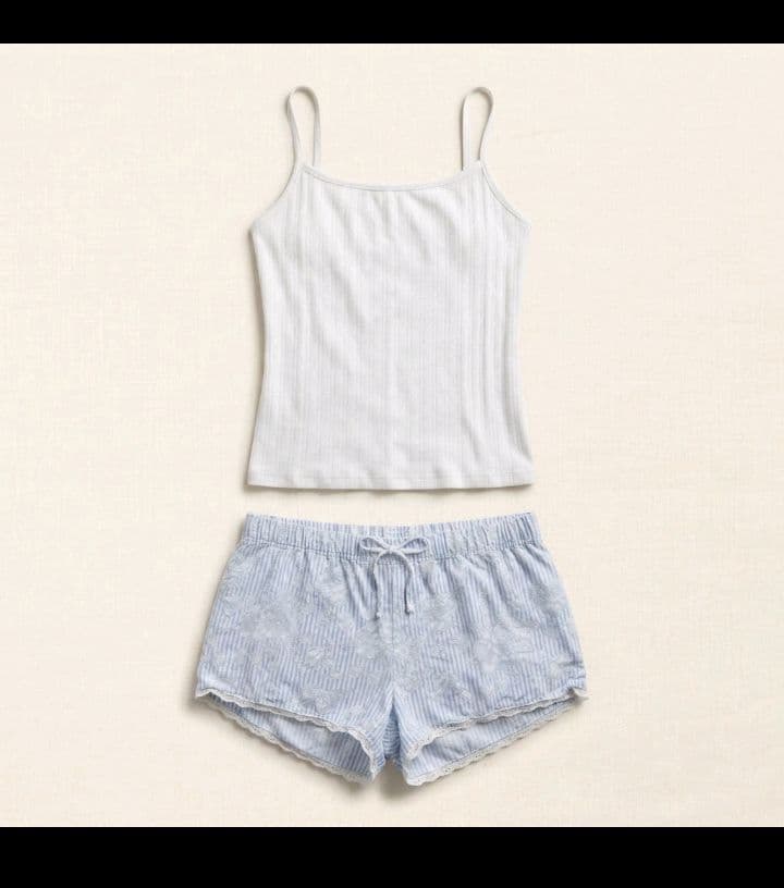 White classic Ribbed Cami & Blue Floral Stripe Short Pajama Set