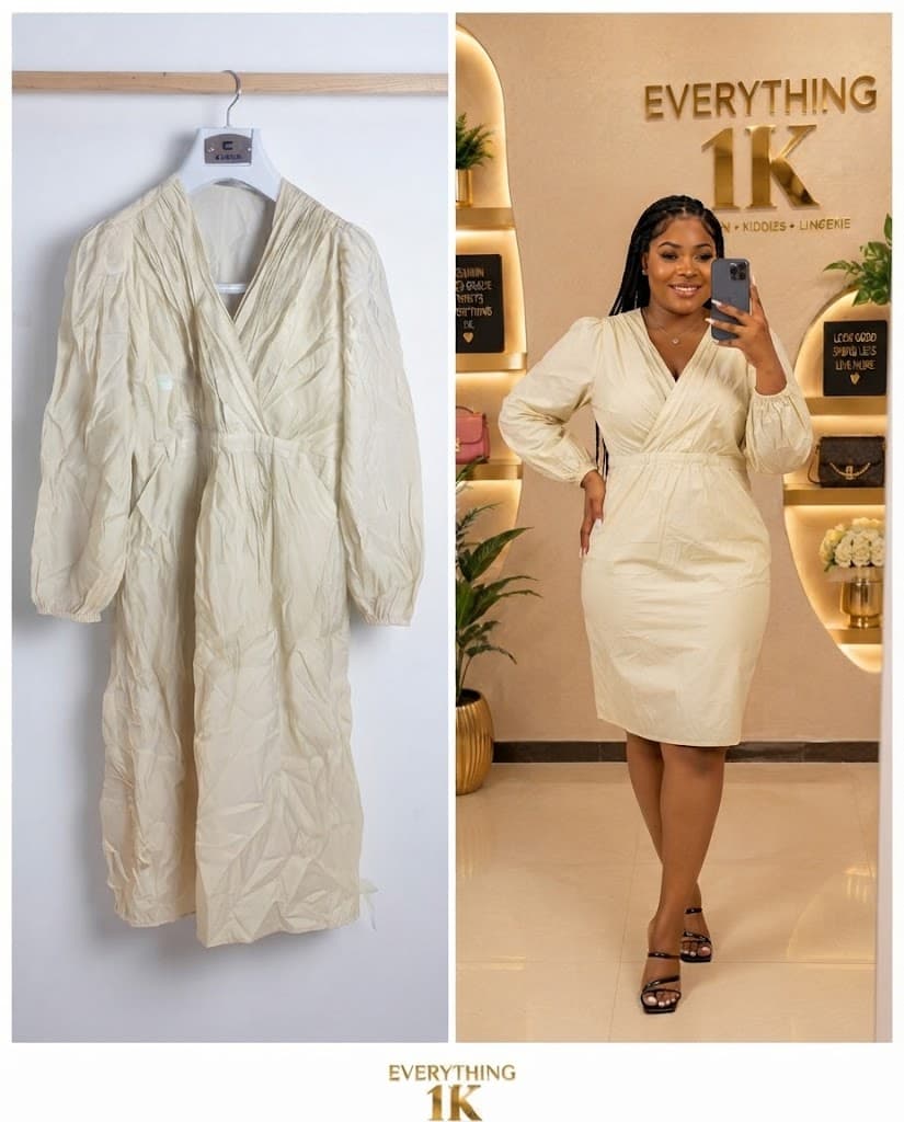 Cream V-Neck Long-Sleeve Midi Dress