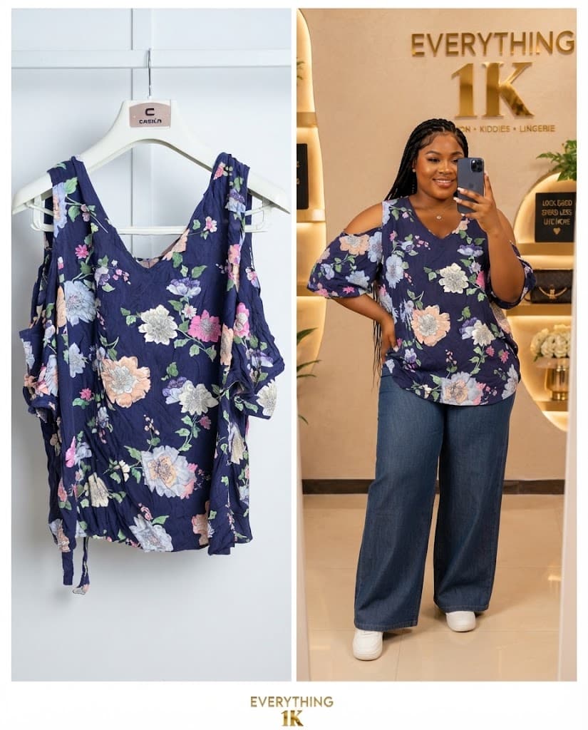 Casual Navy Blue Floral Cold-Shoulder Blouse