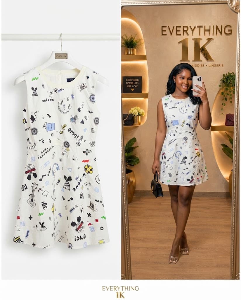 White Casual Doodle-Print Sleeveless Mini Dress