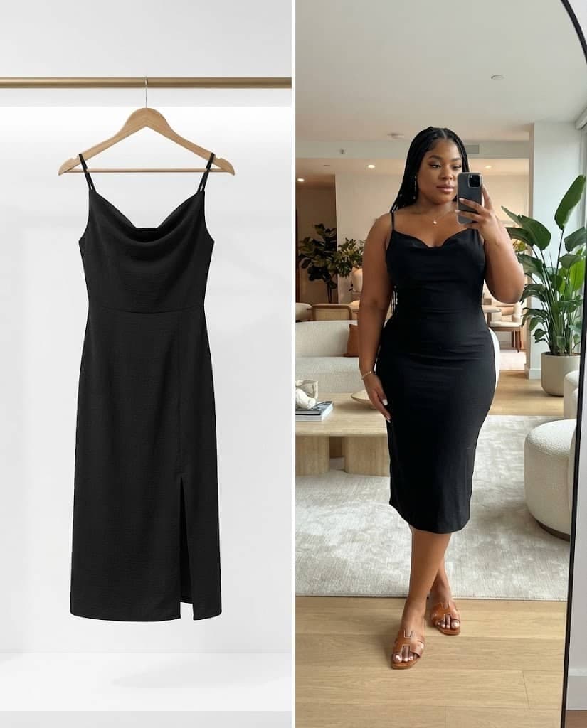 Black Cowl-Neck Slip Midi Dress With Side Slit