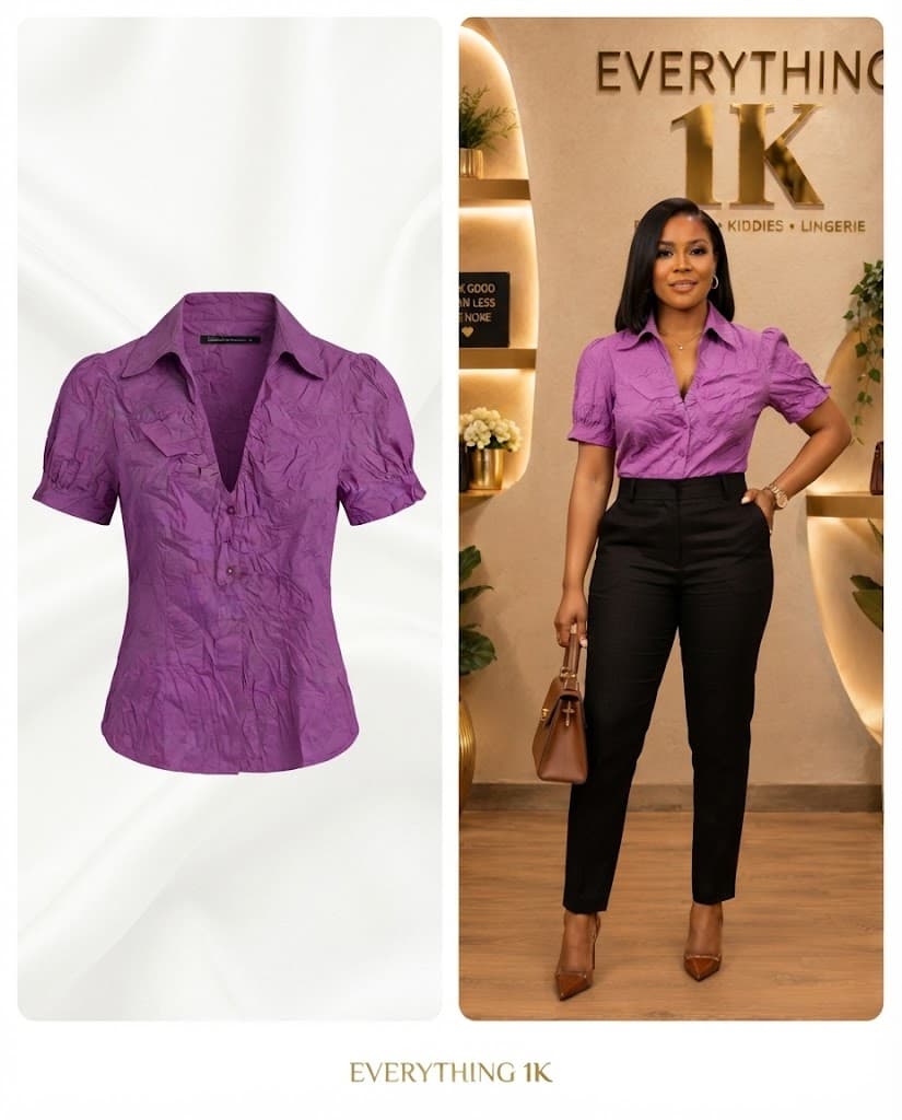 Casual Purple Crinkled Short-Sleeve Blouse