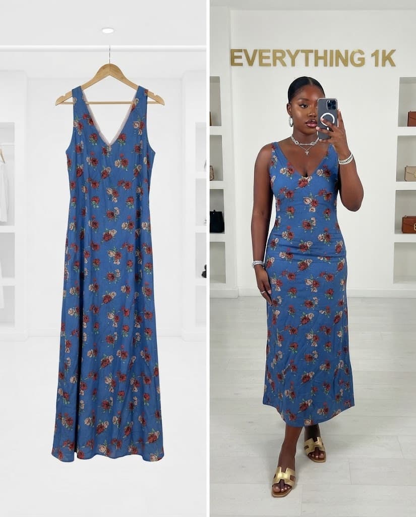 Blue Floral Vintage Midi Dress