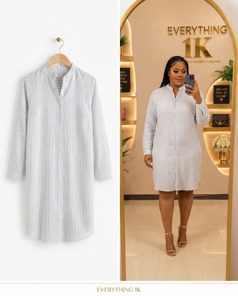 Grey and White Vertical Pinstripe Button-Front Midi Shirt Dress