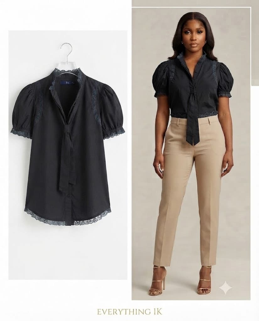Black Peasant Top with Tie Neck
