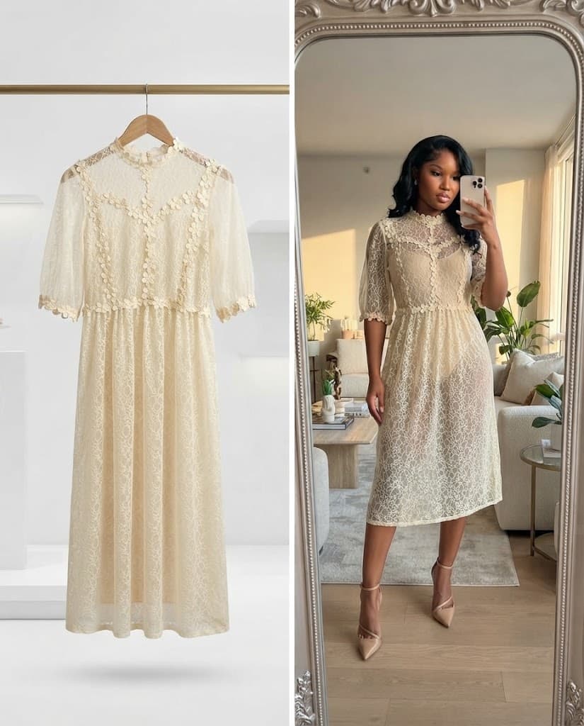 Cream Lace High-Neck Half-Sleeve Midi Dress