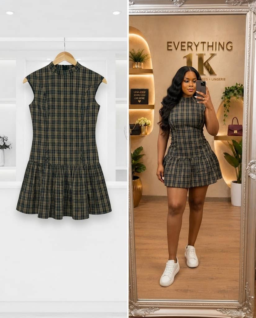 Dark Green Plaid Mock-Neck Ruffle Mini Dress