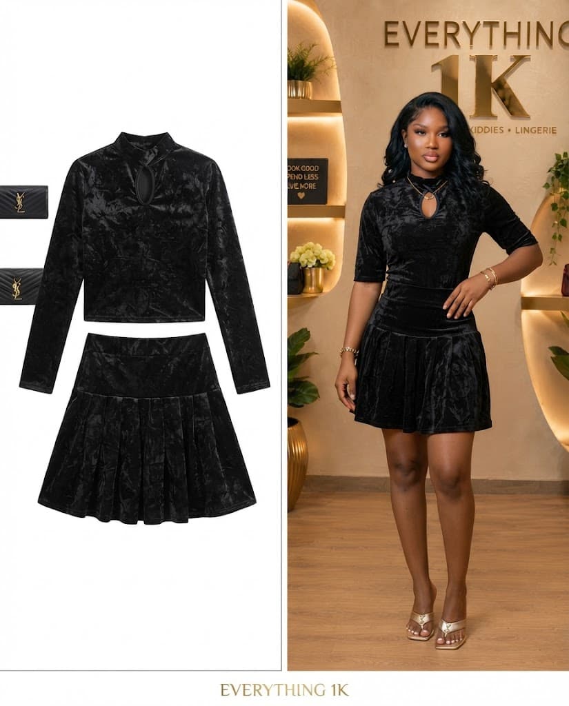 Black Velvet Mock Neck Top & Pleated Mini Skirt Set