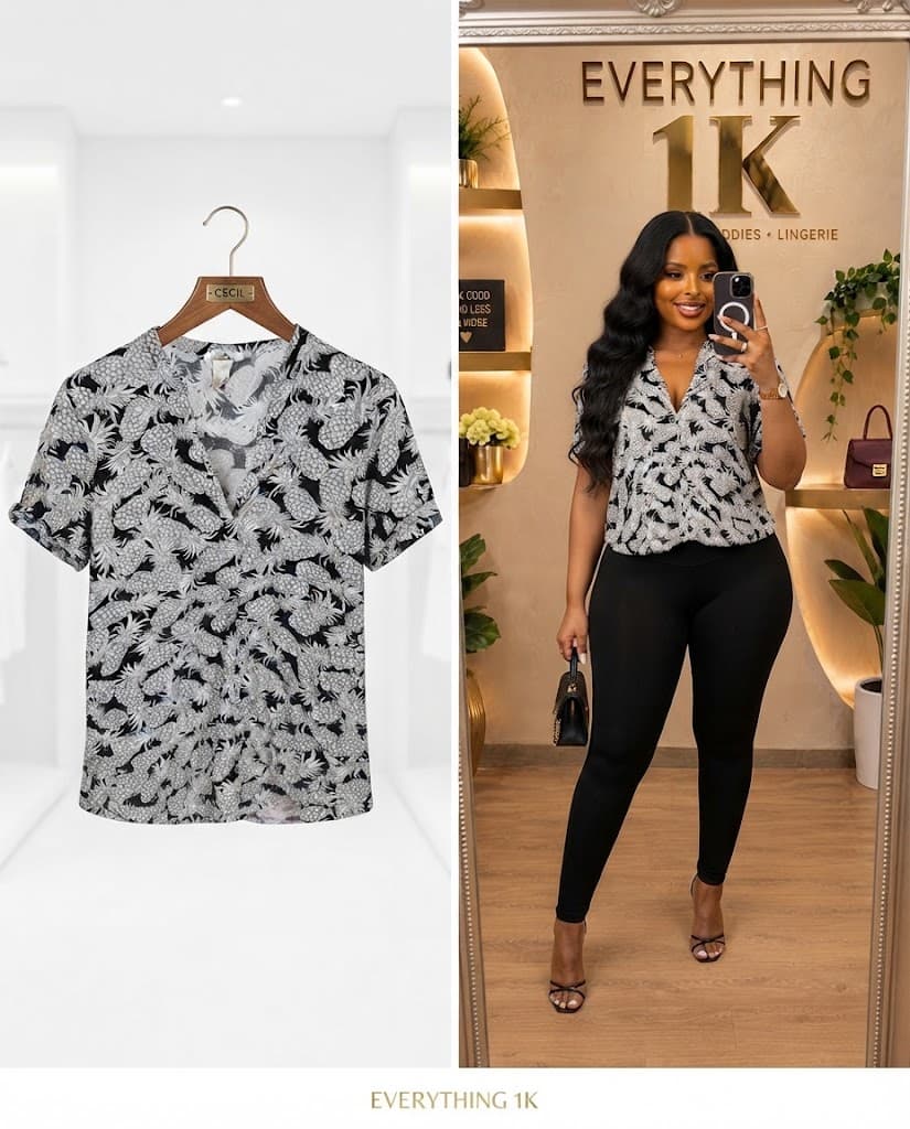 Black and White Pineapple Print casual Short-Sleeve Top