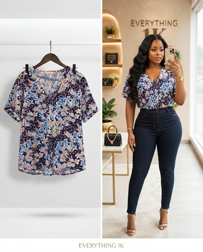 Pre-loved Blue Floral V-Neck Short-Sleeve Blouse