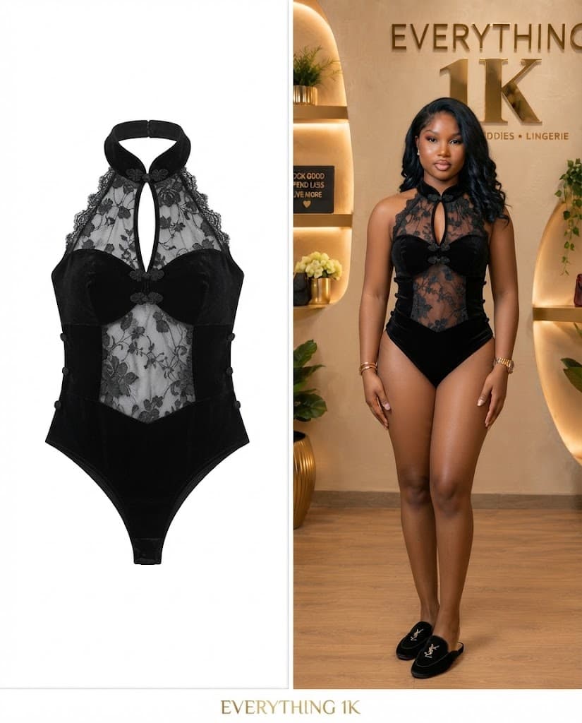 Black Velvet & Floral Lace Halter Bodysuit Lingerie