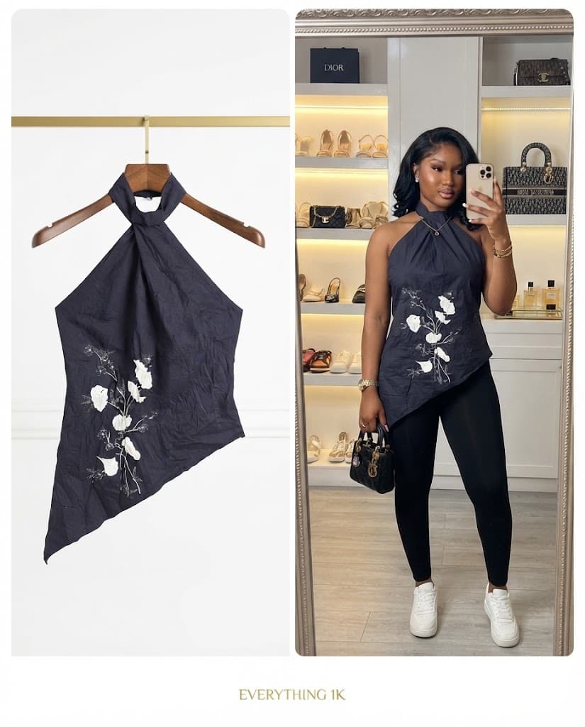 Party Charcoal Grey Halter Neck Floral-Embroidered Asymmetric Top