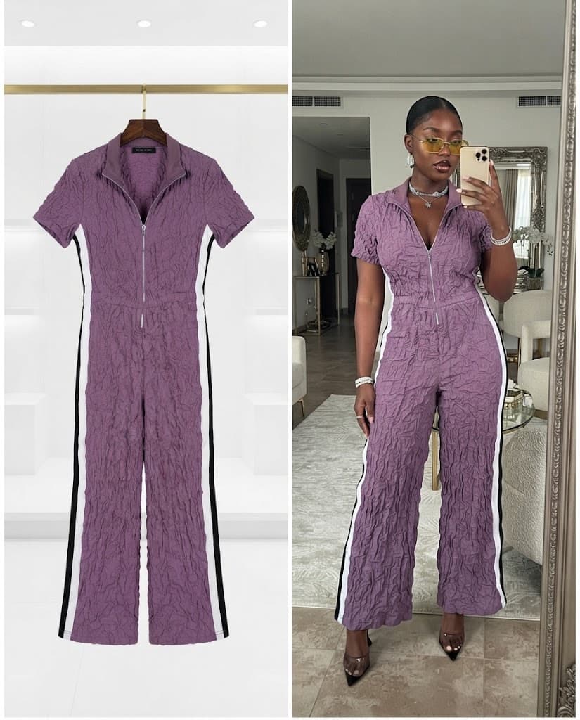 Textured Purple Zip-Front Track Jumpsuit