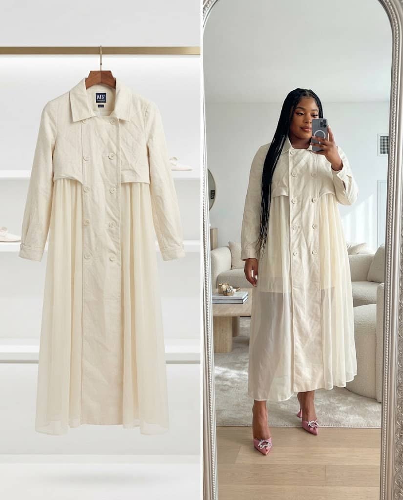 Cream Double-Breasted Sheer-Panel Trench Coat Dress