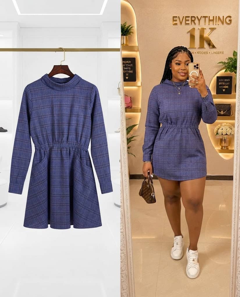Stylish Blue Plaid Mock-Neck Long-Sleeve Mini Dress