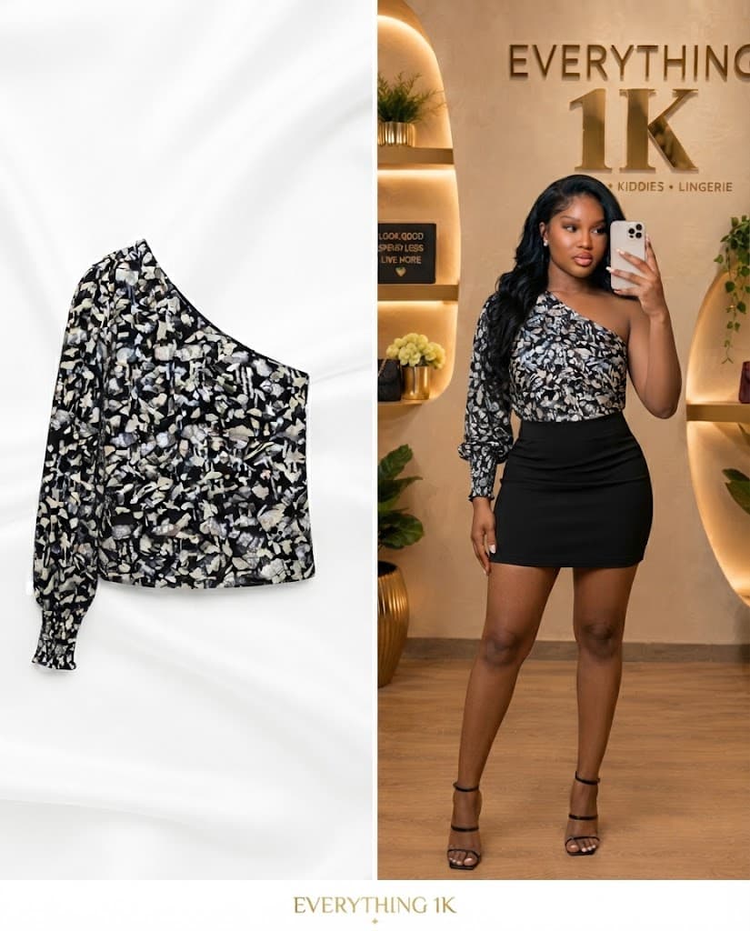 Casual Black and White Abstract One-Shoulder Blouse