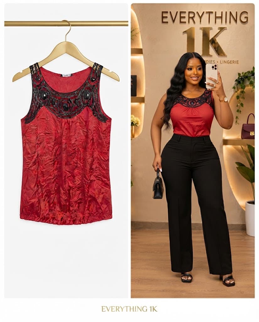 Casual Red Embellished-Neck Crinkled Tank Top