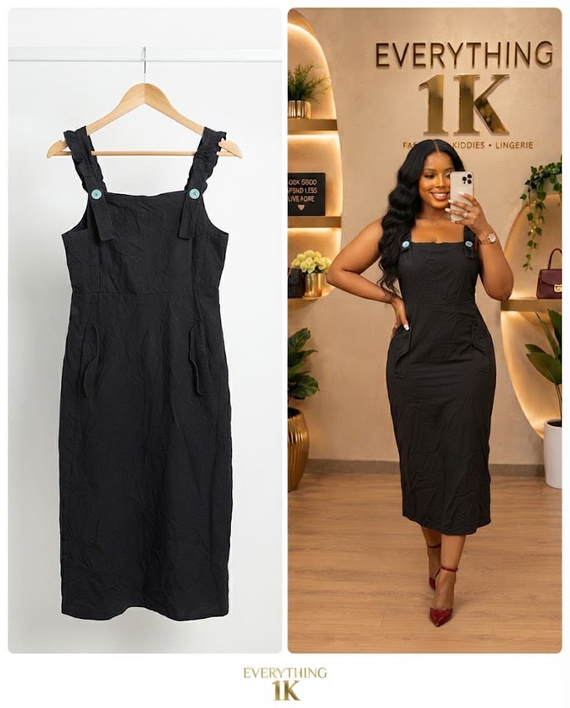 Black Button-Accented Ruffled Strap Midi Dress