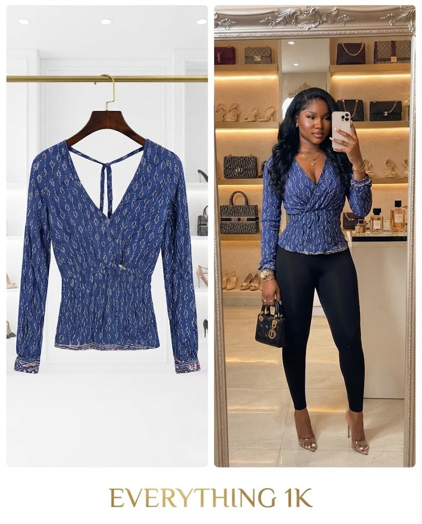 Party Navy Blue Dotted Print Smocked-Waist Blouse
