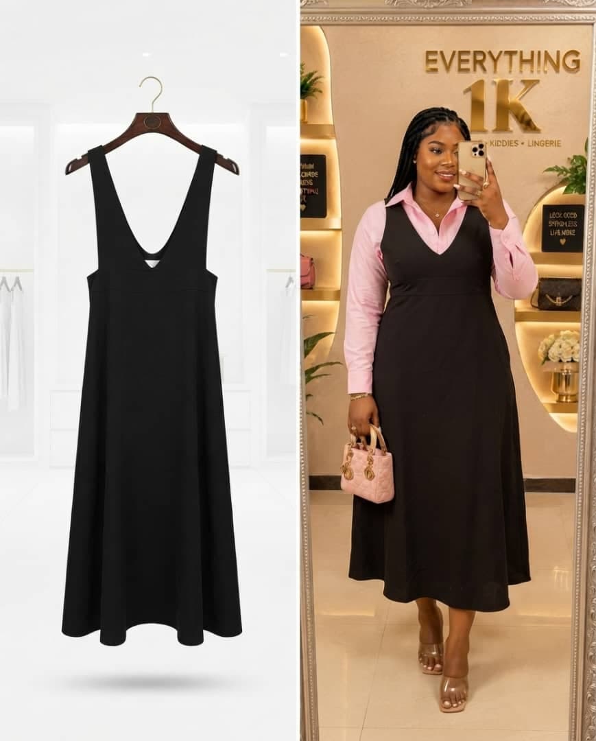 Black V-Neck Sleeveless Midi Jumper Dress
