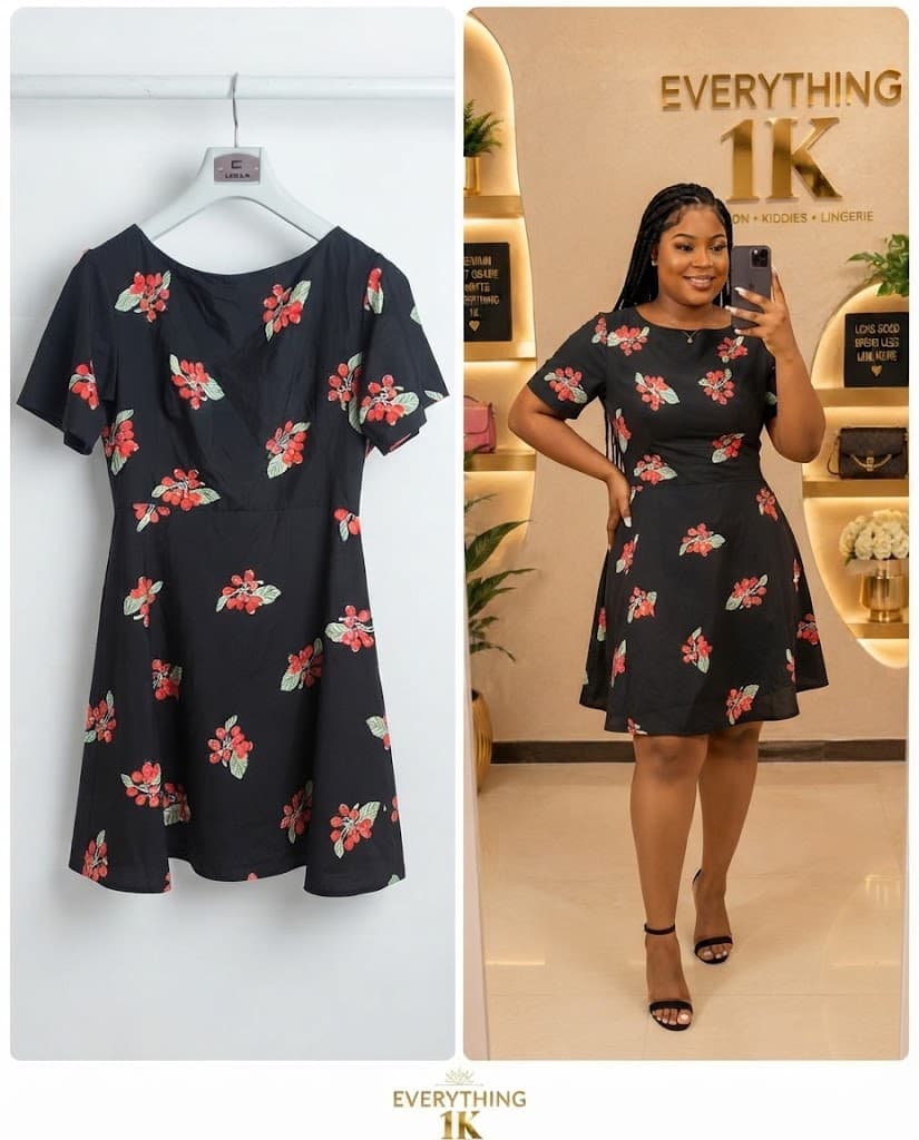 Black Short-Sleeve Floral Print Mini Dress