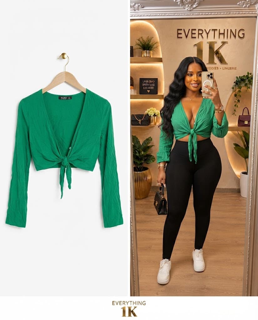 Casual Green Long-Sleeve Tie-Front Crop Top