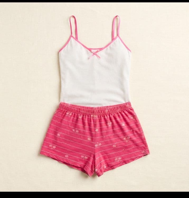 White Cami & Pink Palm Print Shorts Pajama Set