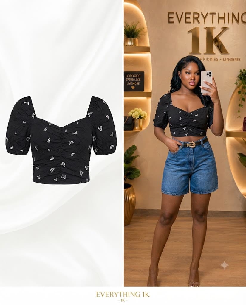 Casual Black Butterfly Print Sweetheart Crop Top