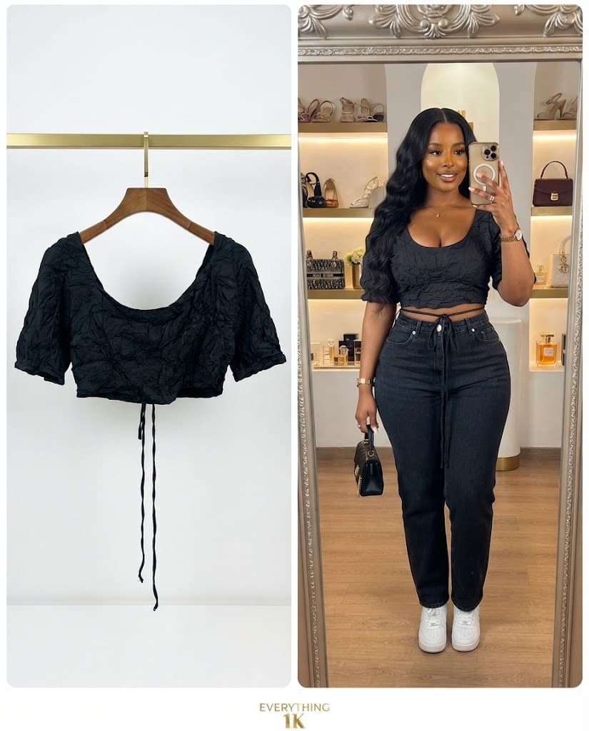 Casual Black Crinkled Short-Sleeve Crop Top