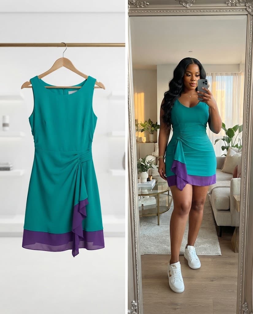 Teal and Purple Contrast Ruffle Hem Mini Dress