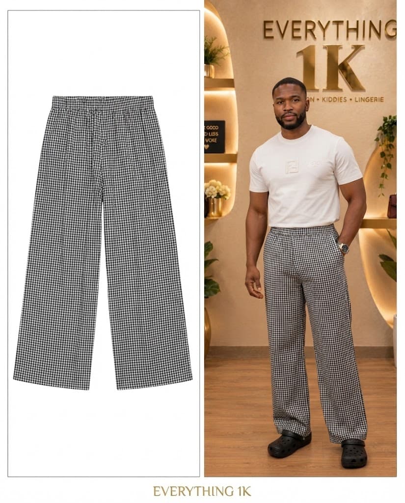 Black & White Gingham Wide-Leg Men's Trousers