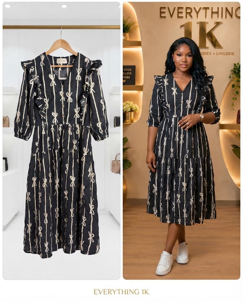 Black Bow-Print Ruffle Midi Corporate Dress