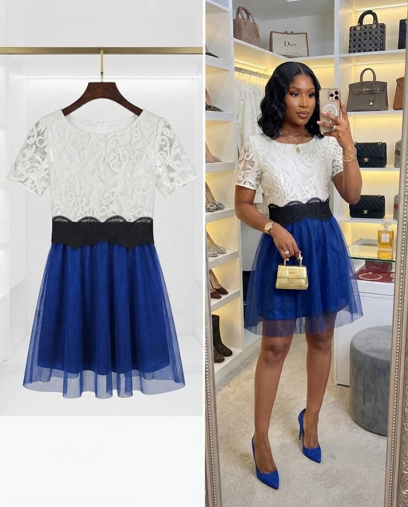 White Lace & Royal Blue Tulle party Dress