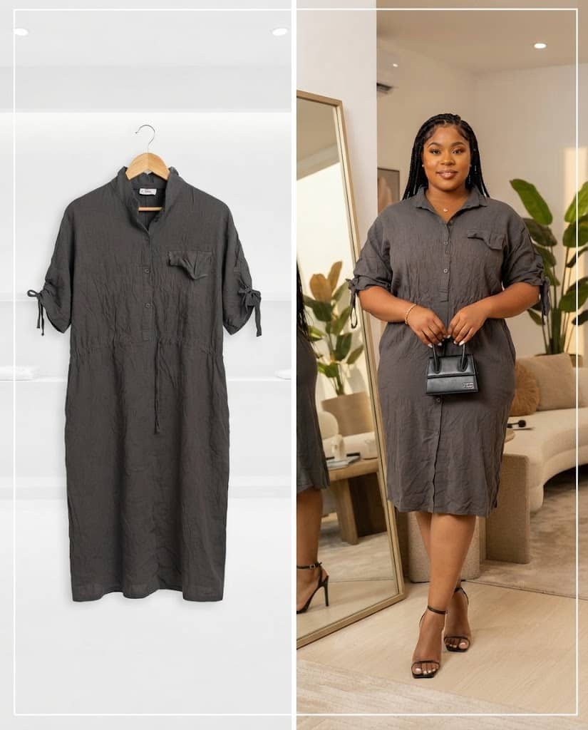 Dark Grey Utility Shirt Dress With Tied Sleeves