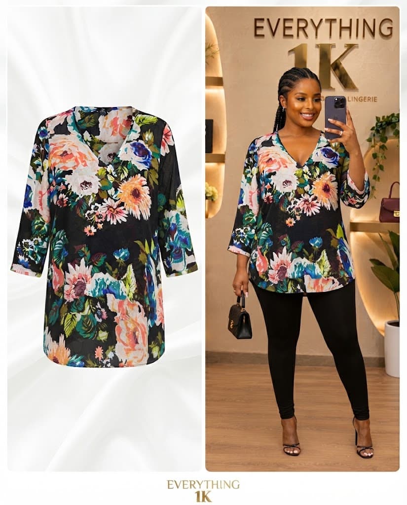 Casual Black and Multi-Color Floral Tunic