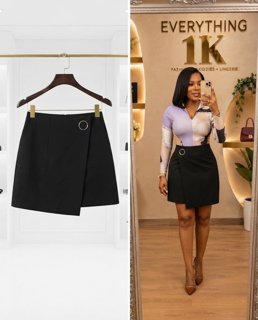 Black Asymmetric Ring-Accent Skirt