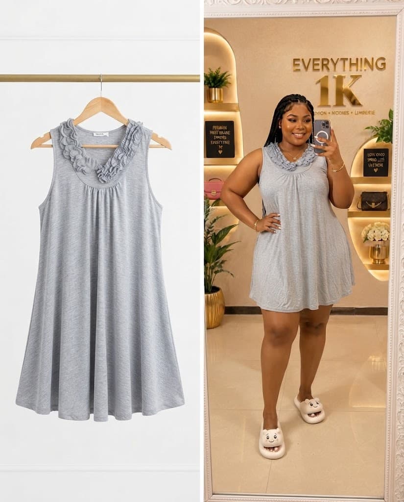 Grey Sleeveless Ruffle-Neck Sleep Dress
