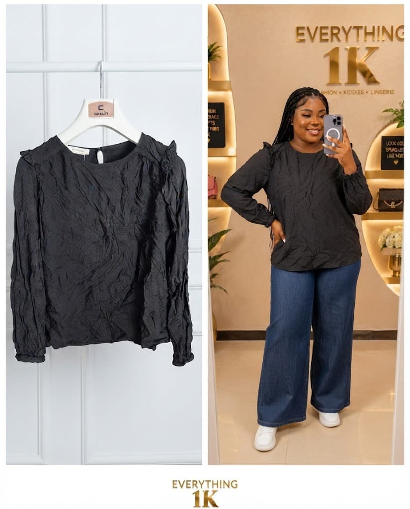 Casual Charcoal Textured Ruffle-Trim Long-Sleeve Blouse
