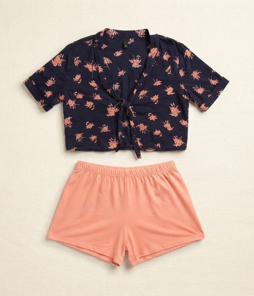 Navy Floral Crop Pajama Top & Solid Peach Short Set
